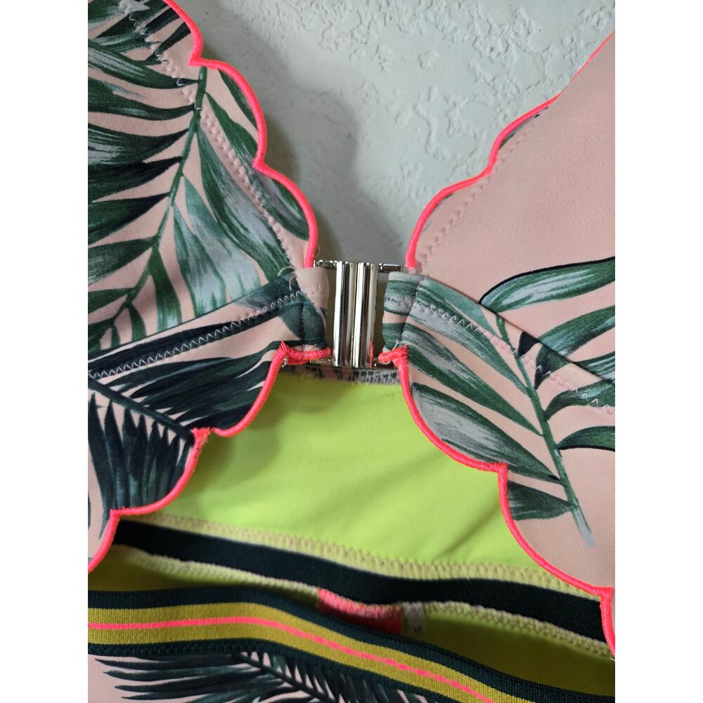 River Island Tropical Palm Print Scalloped One Piece Swimsuit Size 12 Neon Trim - Picture 5 of 10